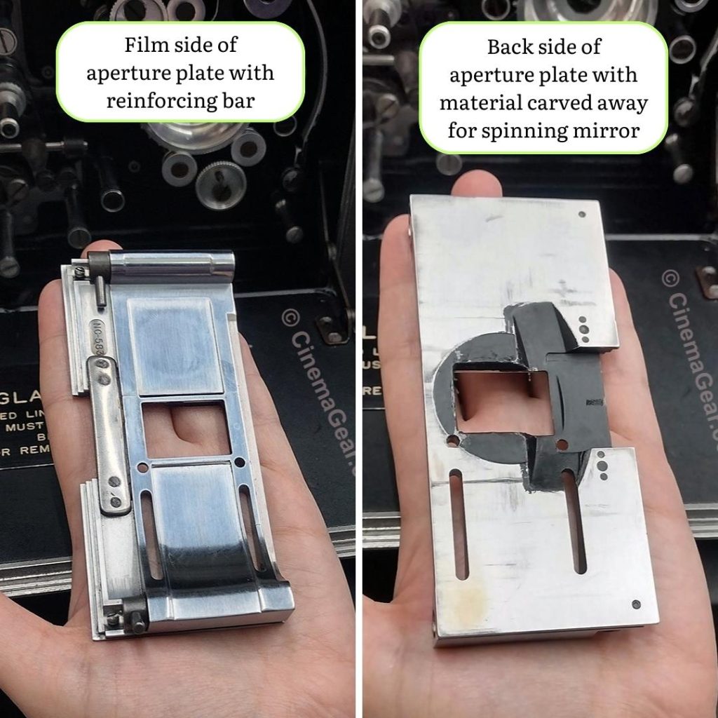 A two panel view of the aperture plate, left hand side shows the ground and polished reinforcing plate on the film side of the aperture, and the right hand side shows just how much material was machined away to make room for the spinning mirror on the back side of the aperture plate in the Mitchell 205