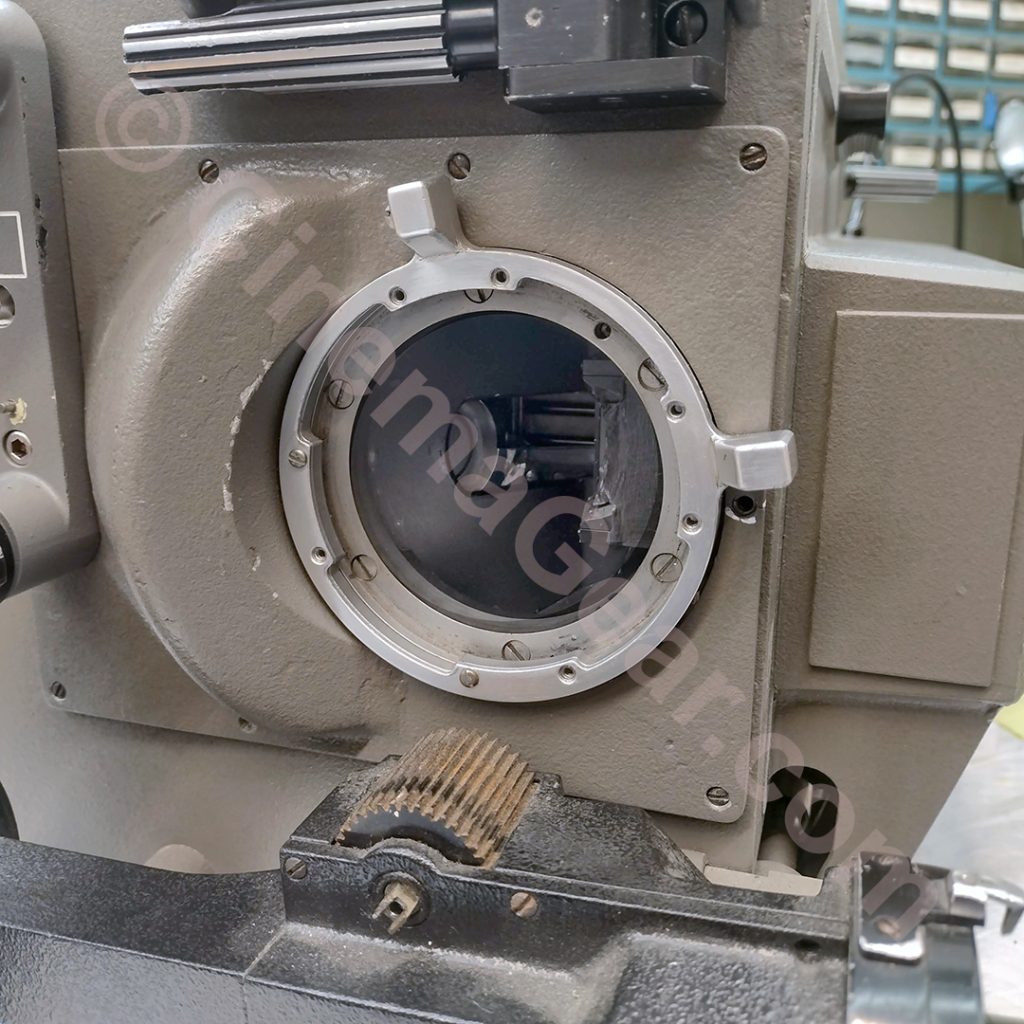 A close-up of the BNCR mount with the dust cover removed on the Mitchell 205 35mm camera