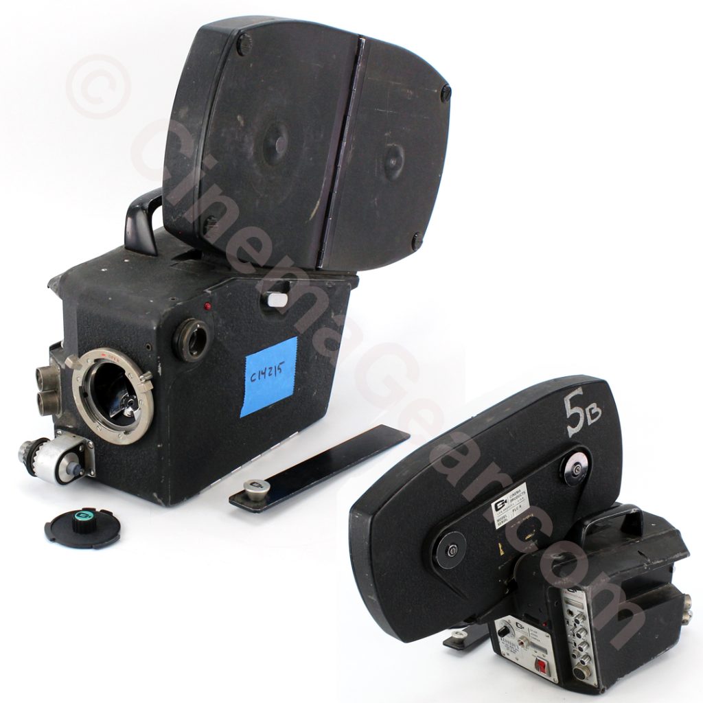 Cinema Products CP 16 R 16mm motion picture film camera with 400' magazine, body cap, and magazine port cover.