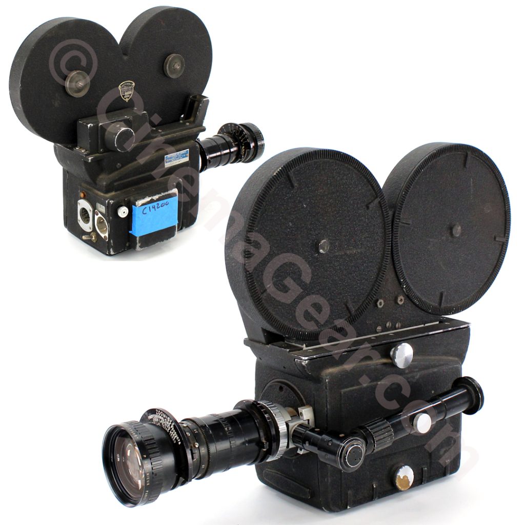Auricon Cine Voice 16mm motion picture film camera with 400' Mitchell magazine and Angenieux 12-120mm sidefinder zoom lens.