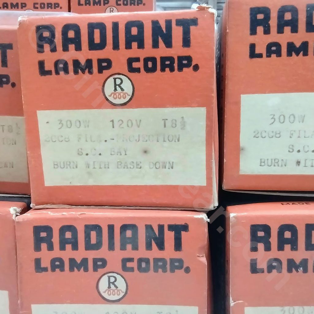 A close-up of the label on a 1940's Radiant Lamp Corp. light bulb box