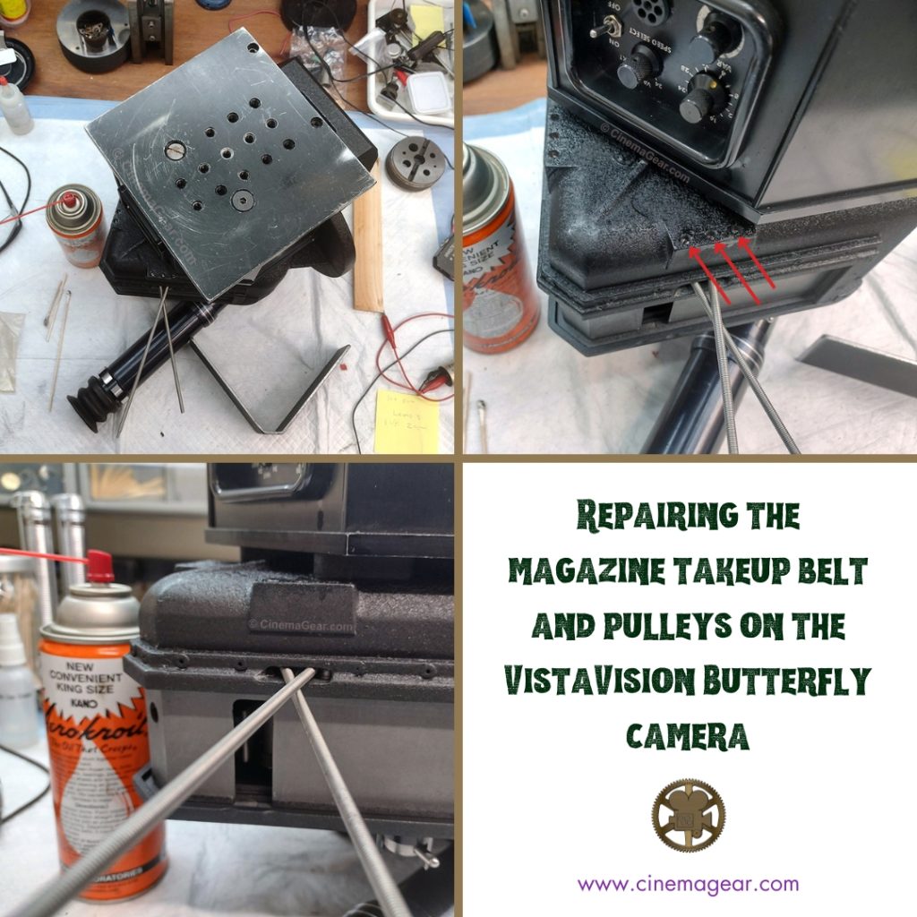 Repairing the magazine takeup belt and pulleys on the VistaVision Butterfly camera