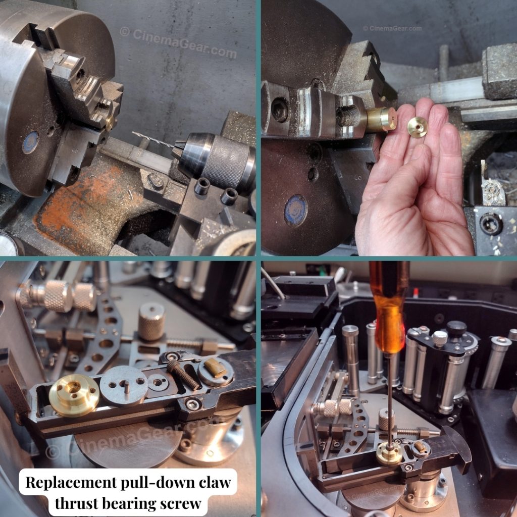 Beginning to machine the new bearing (top left); machining the new bearing (top right); the new bearing, the main thrust washer, and the replacement socket head cap screw before installation (bottom left); installing the new bearing (bottom right)