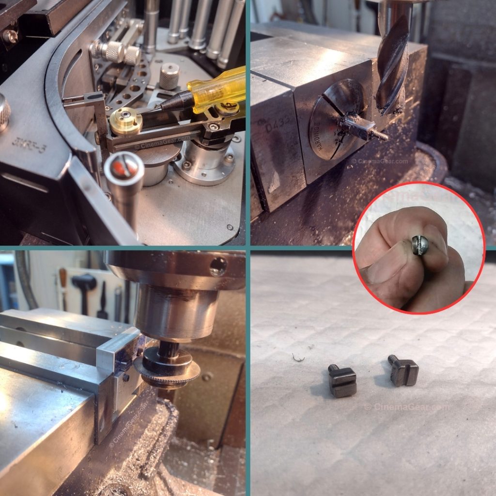 Installing the set screw that locks the socket head cap screw in place in the new bearing (top left); machining a square headed screw (top right); machining a square headed screw (bottom left); the completed square headed screws, with an inset of the original, insufficient screw above (bottom right)