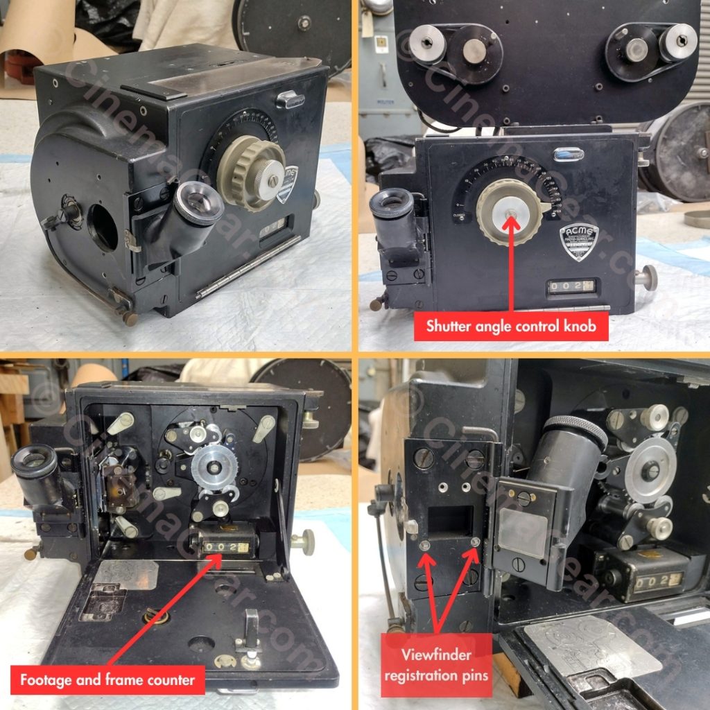 A four panel grid showing an Acme Model 6 35mm motion picture film camera (top left), the shutter control knob on the main camera door of the Acme Model 6 (top right), the built-in footage and frame counter (bottom left), and the viewfinder registration pins (bottom right)
