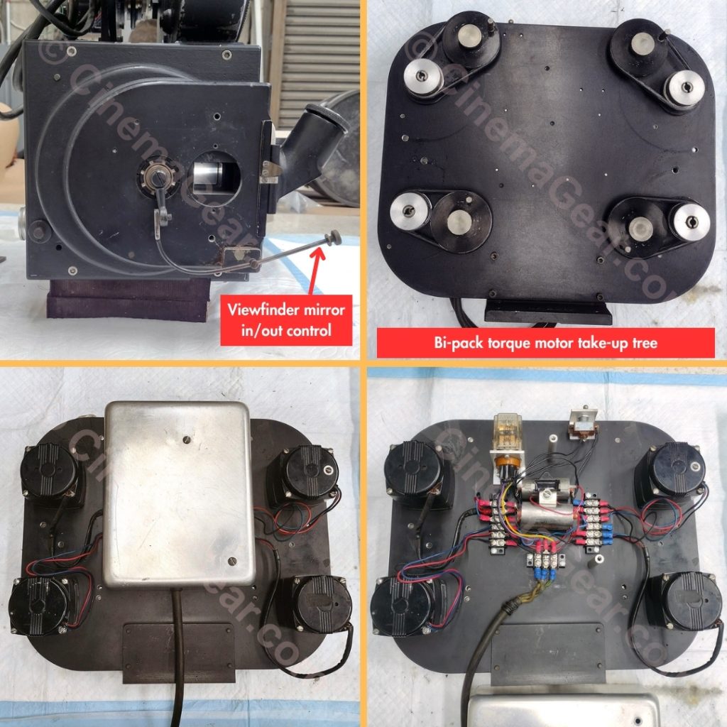 A four panel grid showing the control to engage and disengage the viewfinder of the Acme Model 6 camera (top left), and three views of the bi-pack torque motor take-up tree.