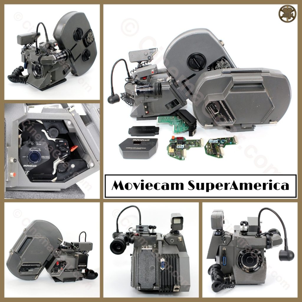 Several views of the Moviecam Superamerica camera and accessories