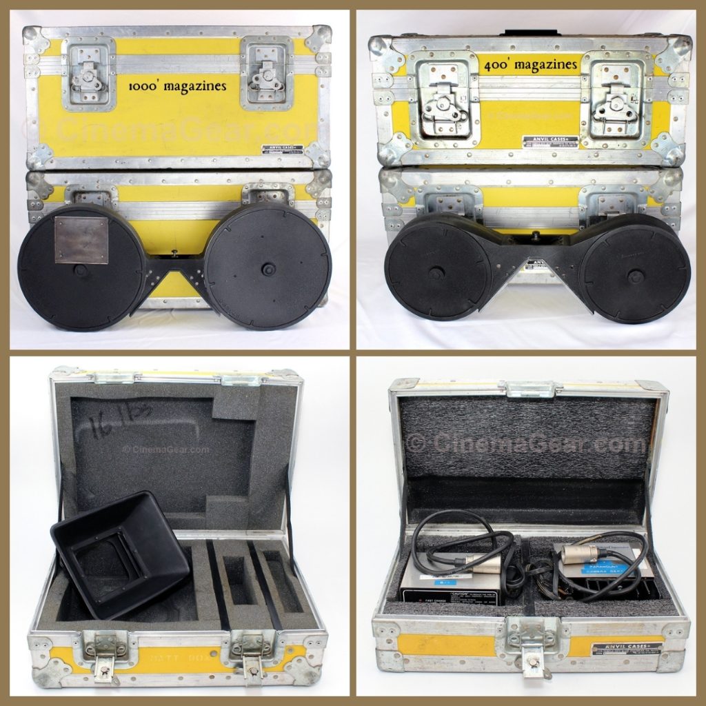 A four panel grid showing (top left) 1000’ magazine standing in front of two cases; (top right) 400’ magazine standing in front of two cases; (bottom left) clip-on matte box in its case; (bottom right) 36v battery chargers in their case.