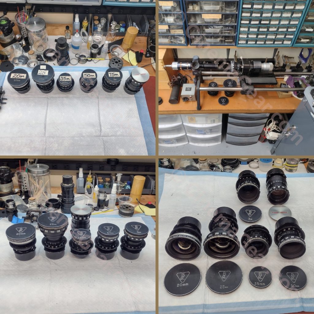 cleaning up an collimating a set of Bausch & Lomb Super Baltar lenses in 20mm, 25mm, 35mm, 50mm, 75mm, and 100mm focal lengths.