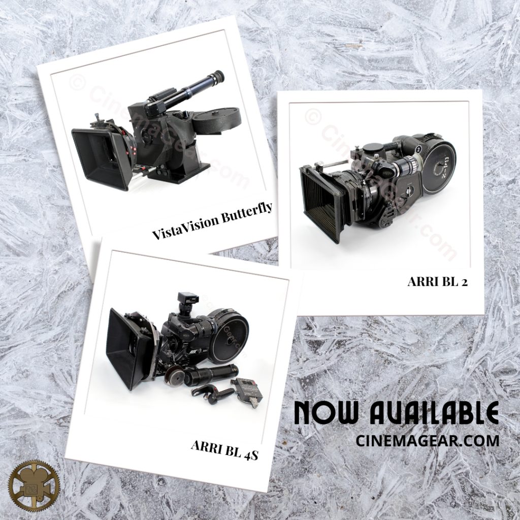 Three polaroids showing a Mitchell VistaVision Butterfly camera, an ARRI BL2 camera, and an ARRI BL 4S camera that are now available for sale at cinemagear.com