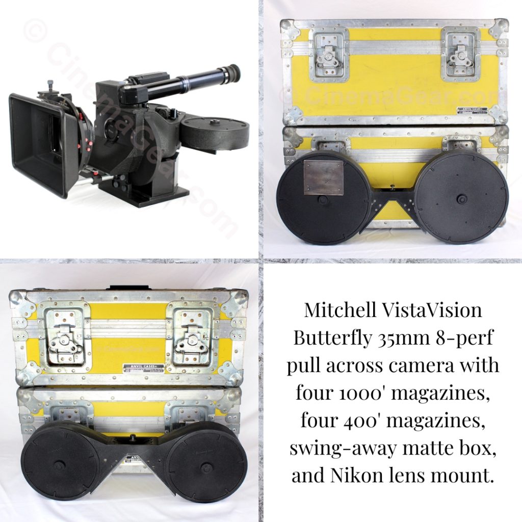 A four panel grid showing the VistaVision butterfly camera, one of the 1000’ magazines in front of their cases, one of the 400’ magazines in front of their cases, and a description of what the camera package includes.