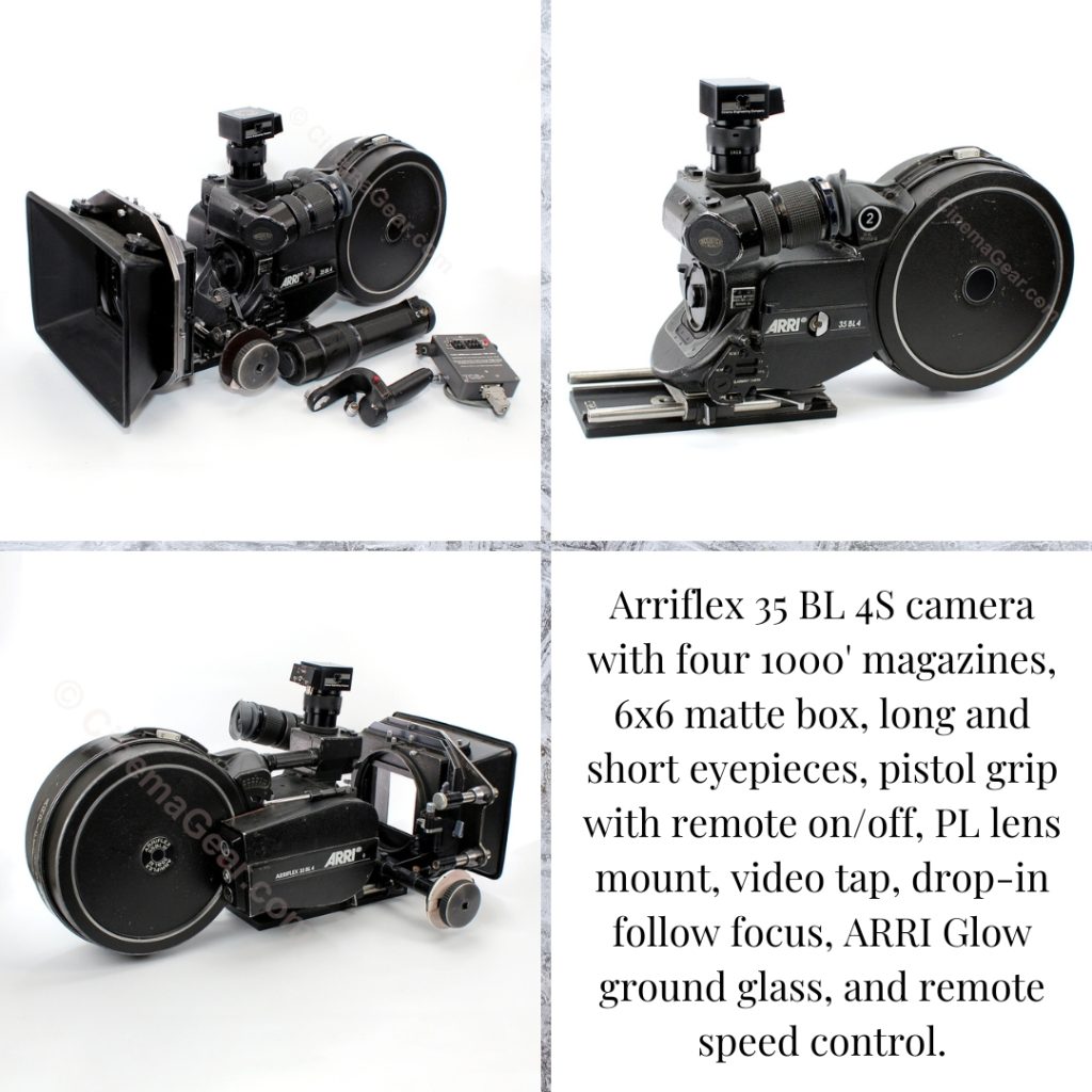 A four panel grid that shows three views of the ARRI BL 4S and its accessories.