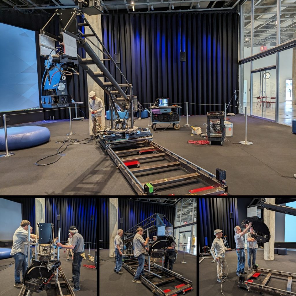 Top: Testing the swing axis at the museum; Lower left and center: removing the transport support; Lower right: getting cable ready to test the pan/tilt/roll axes of the Trojan head