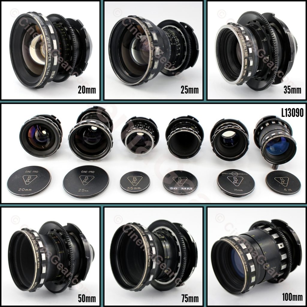 Bausch & Lomb Super Baltar lens set including 20mm, 25mm, 35mm, 50mm, 75mm, and 100mm f2.0 in Mitchell MK II mounts with BNCR adapters