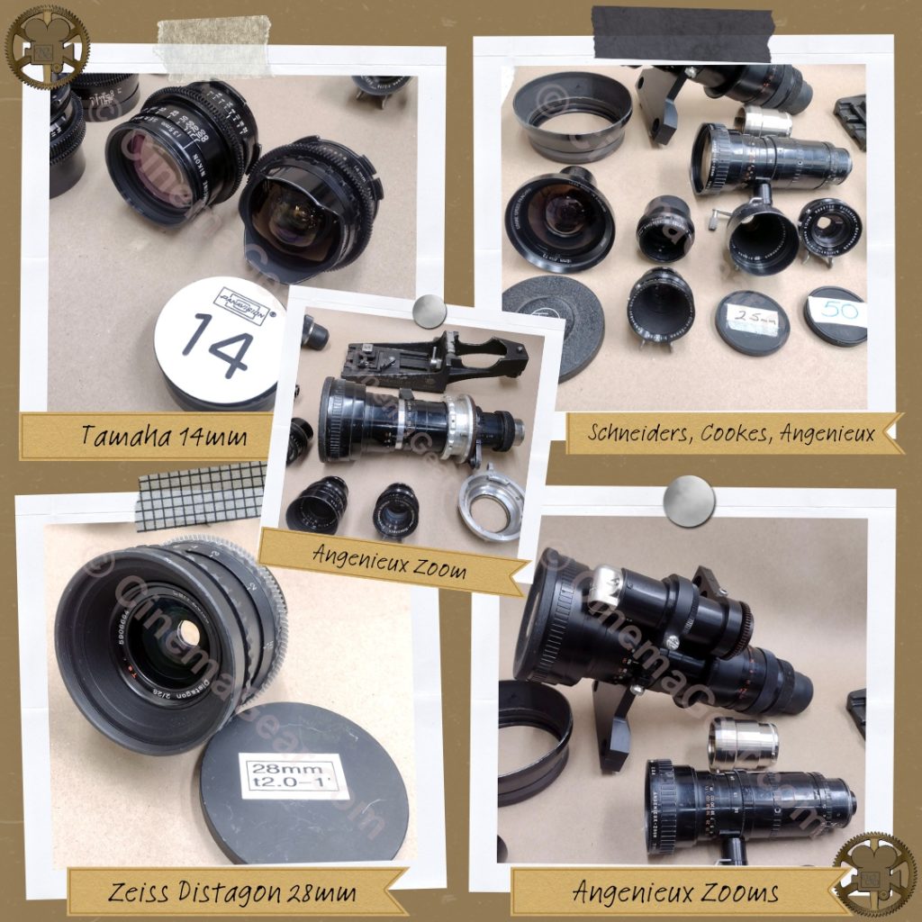 Tamaha 14mm, Zeiss Distagon 28mm, Angenieux zoom lenses, Schneider and Cooke prime lenses