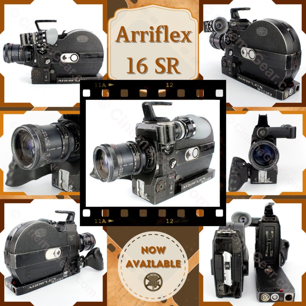 Arriflex SR 16mm motion picture film camera with magazine and Zeiss Vario-Sonnar 10-100mm zoom lens.