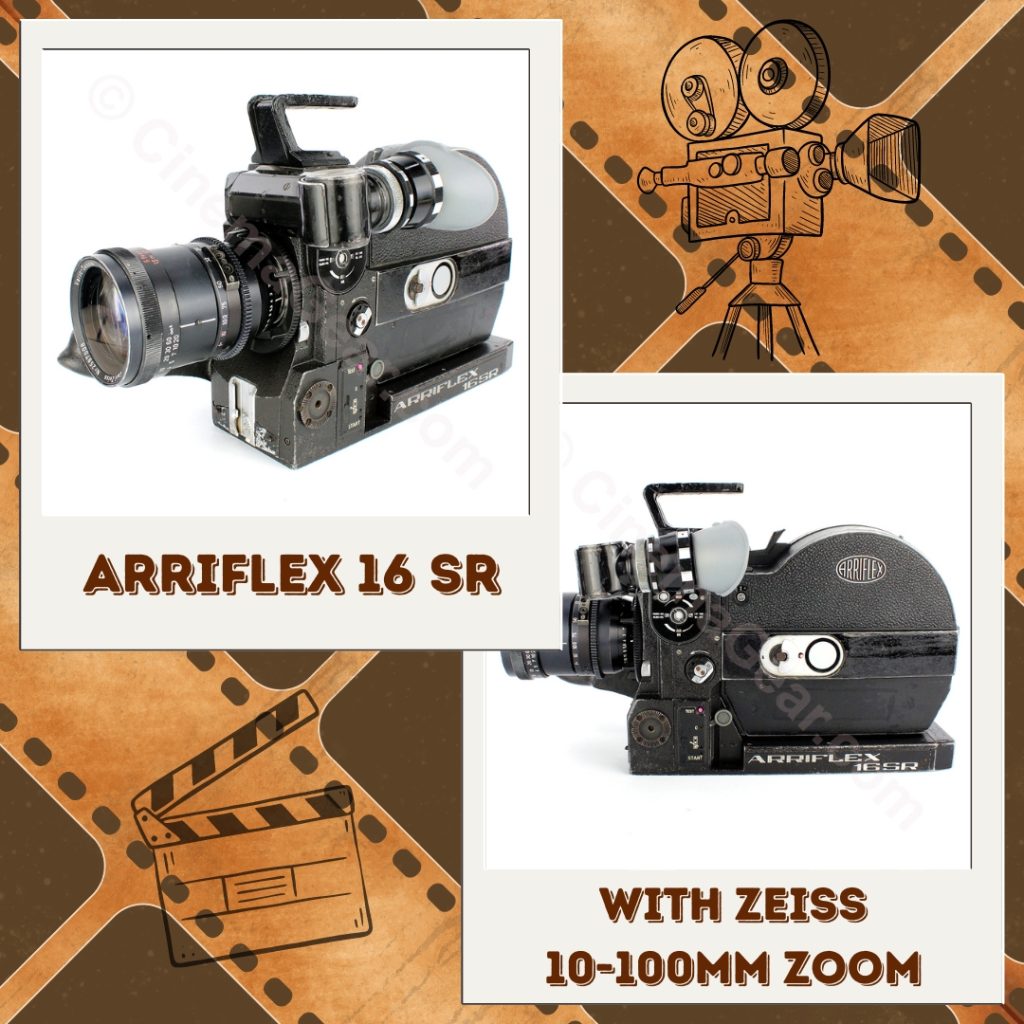 Arriflex SR 16mm motion picture film camera with magazine and Zeiss Vario-Sonnar 10-100mm zoom lens.