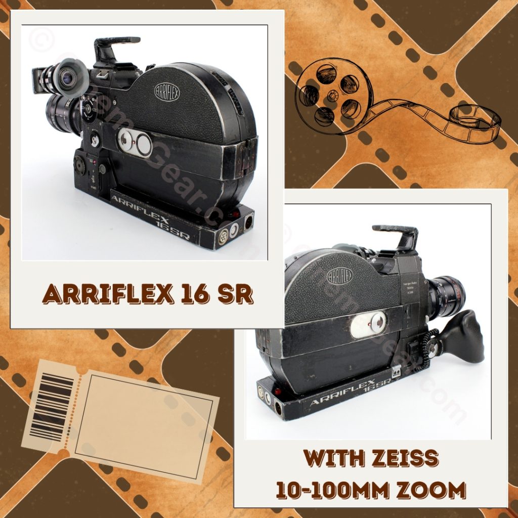 Arriflex SR 16mm motion picture film camera with magazine and Zeiss Vario-Sonnar 10-100mm zoom lens.