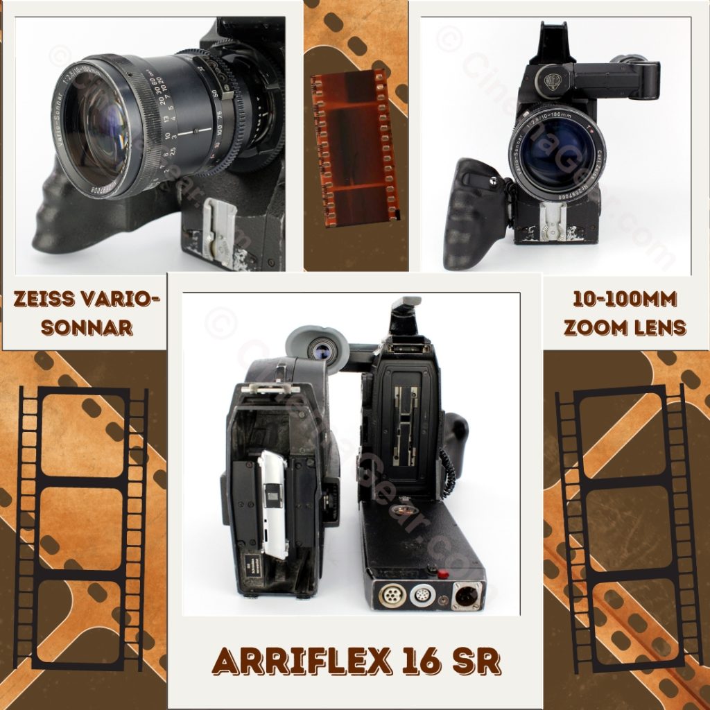 Arriflex SR 16mm motion picture film camera with magazine and Zeiss Vario-Sonnar 10-100mm zoom lens.