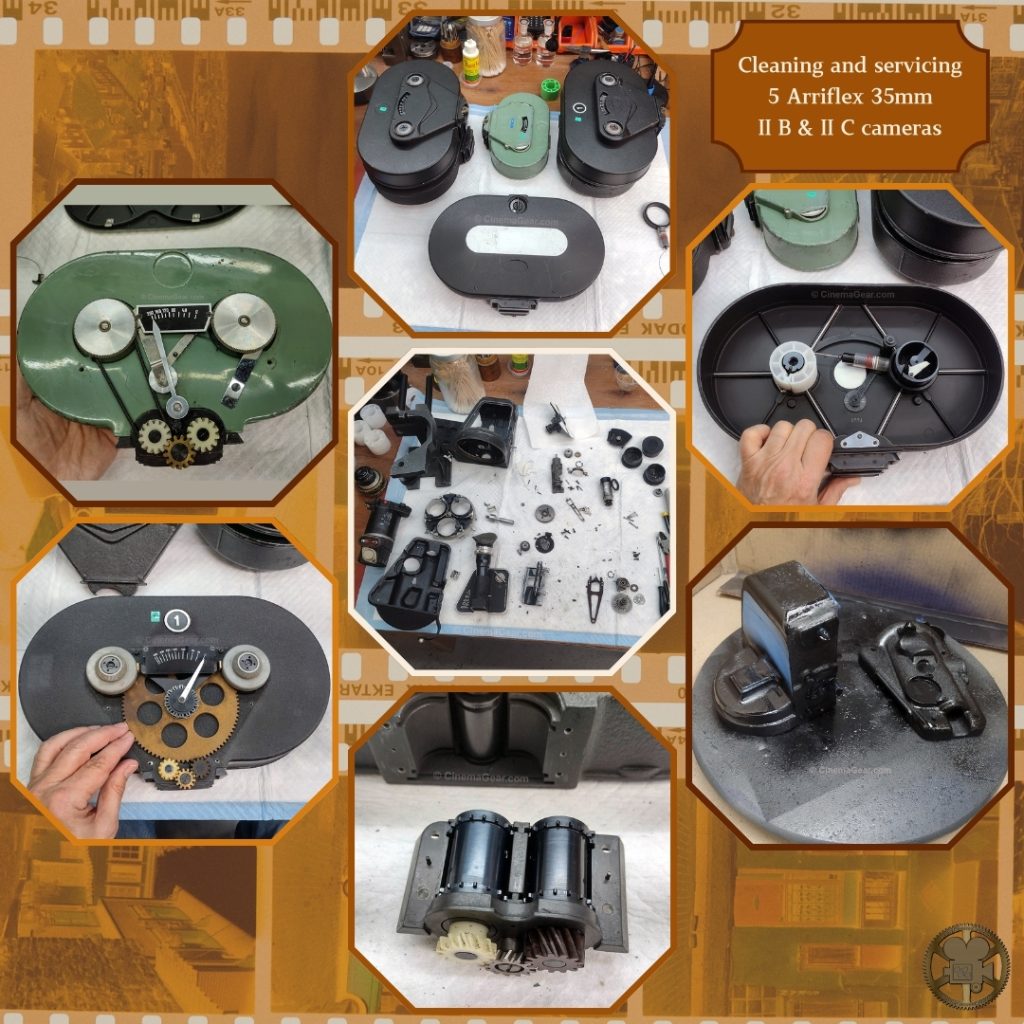 Seven small photos of the process of cleaning and servicing the Arriflex cameras and magazines.