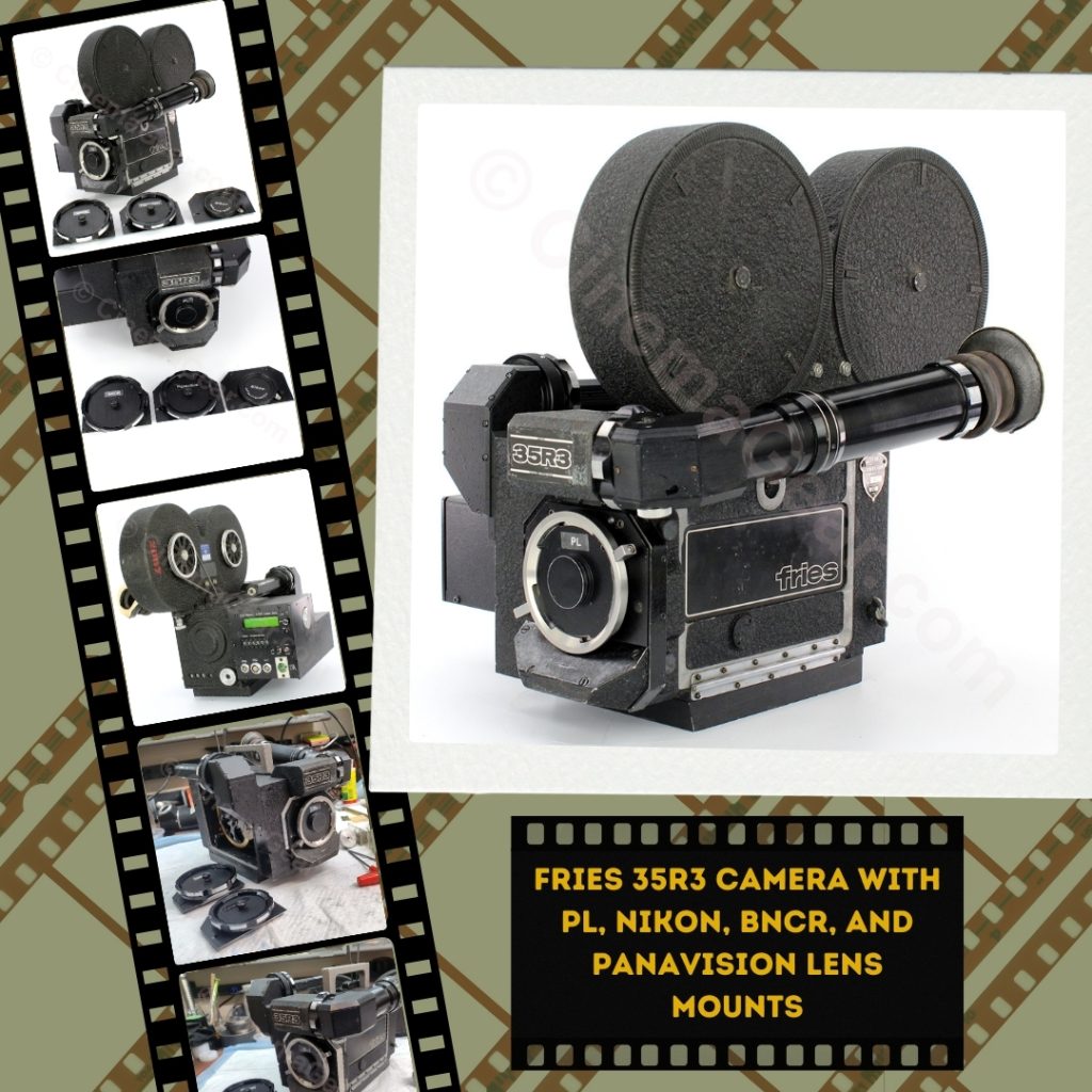 Fries 35R3 spinning mirror reflex motion picture film camera with PL, Nikon, Panavision, and BNCR mounts, Lynx Robotics crystal motor and battery eliminator, video tap, and magazines