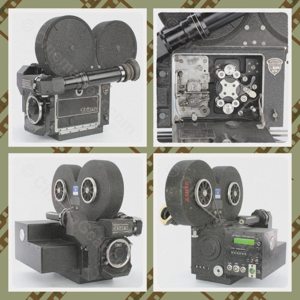 Fries 35R3 spinning mirror reflex motion picture film camera with PL, Nikon, Panavision, and BNCR mounts, Lynx Robotics crystal motor and battery eliminator, video tap, and magazines