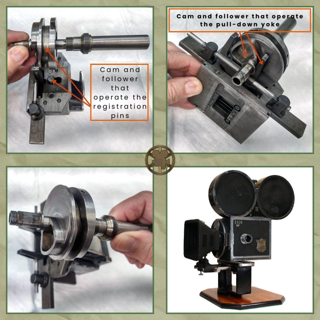 Highlighting the cams and followers on the Unit "I" Shuttle movement from Bell & Howell 2709 serial #586 that are the key to its smooth, steady operation; and a 3/4 angle view of the camera on its display base with 400' magazine and matte box