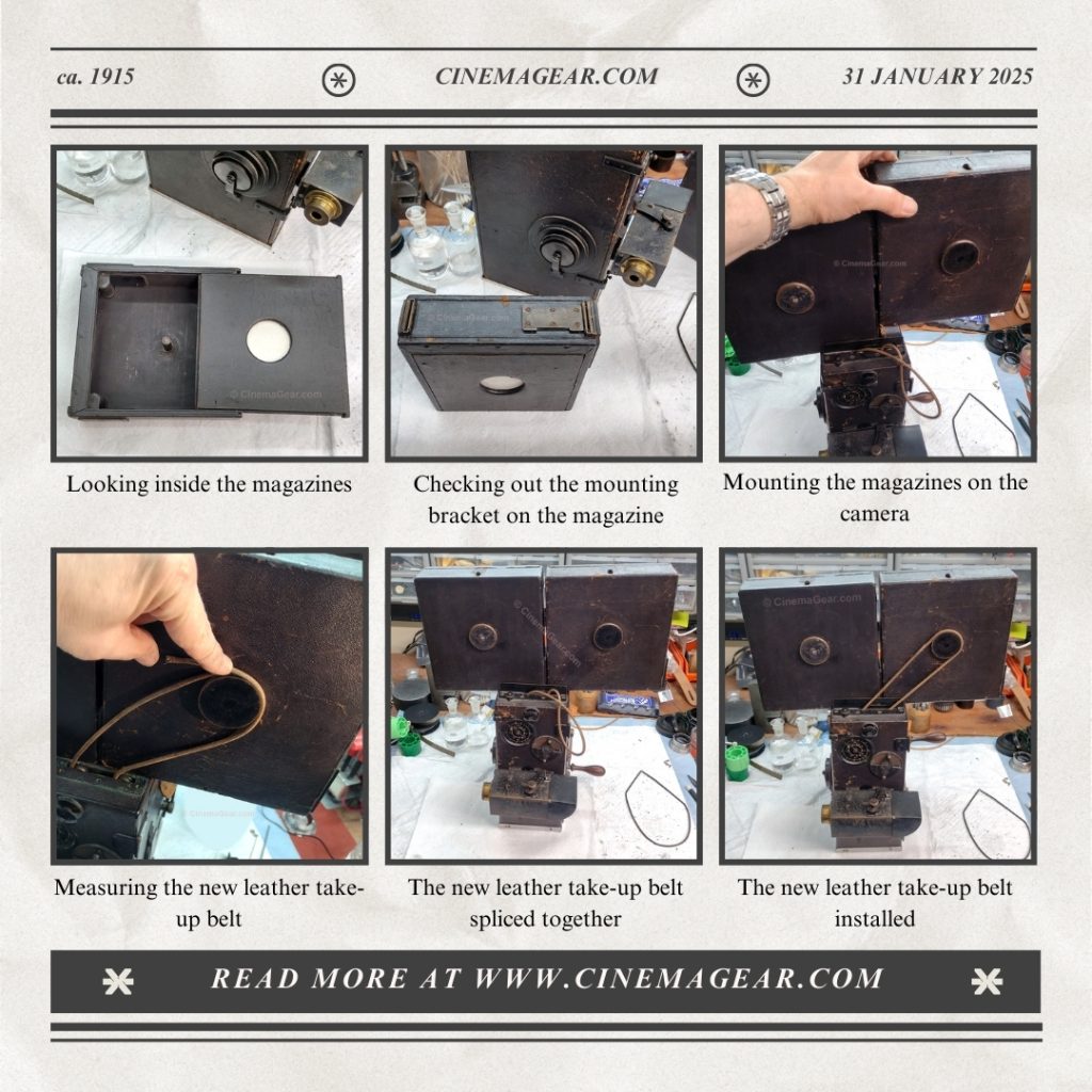 A gallery of 6 images showing (1) a look inside of a Pathe wooden magazine, (2) the magazine mounting bracket on the bottom of a Pathe magazine, (3) the two wooden magazines being mounted on top of the Pathe camera body; (4) the new leather belt material being measured for size, (5) the new leather belt cut to size and spliced together, and (6) the in leather belt installed and hooked on the magazine.