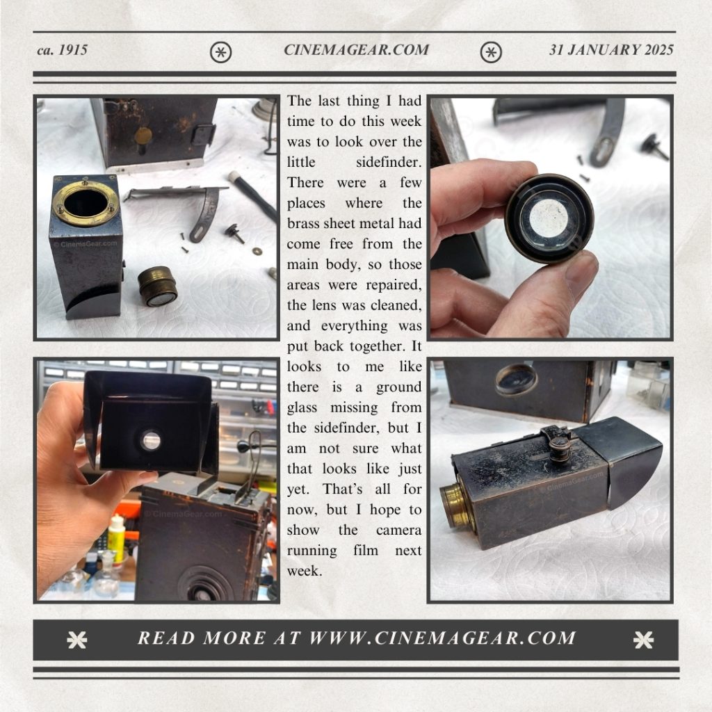 Four images showing (1) the Pathe sidefinder disassembled for cleaning, (2) the lens from the sidefinder before it was cleaned, (3) the cleaned lens reinstalled in the sidefinder, and (4) the repaired sidefinder, fully reassembled. Between the images is a column of text that details the process of repairing the sidefinder.