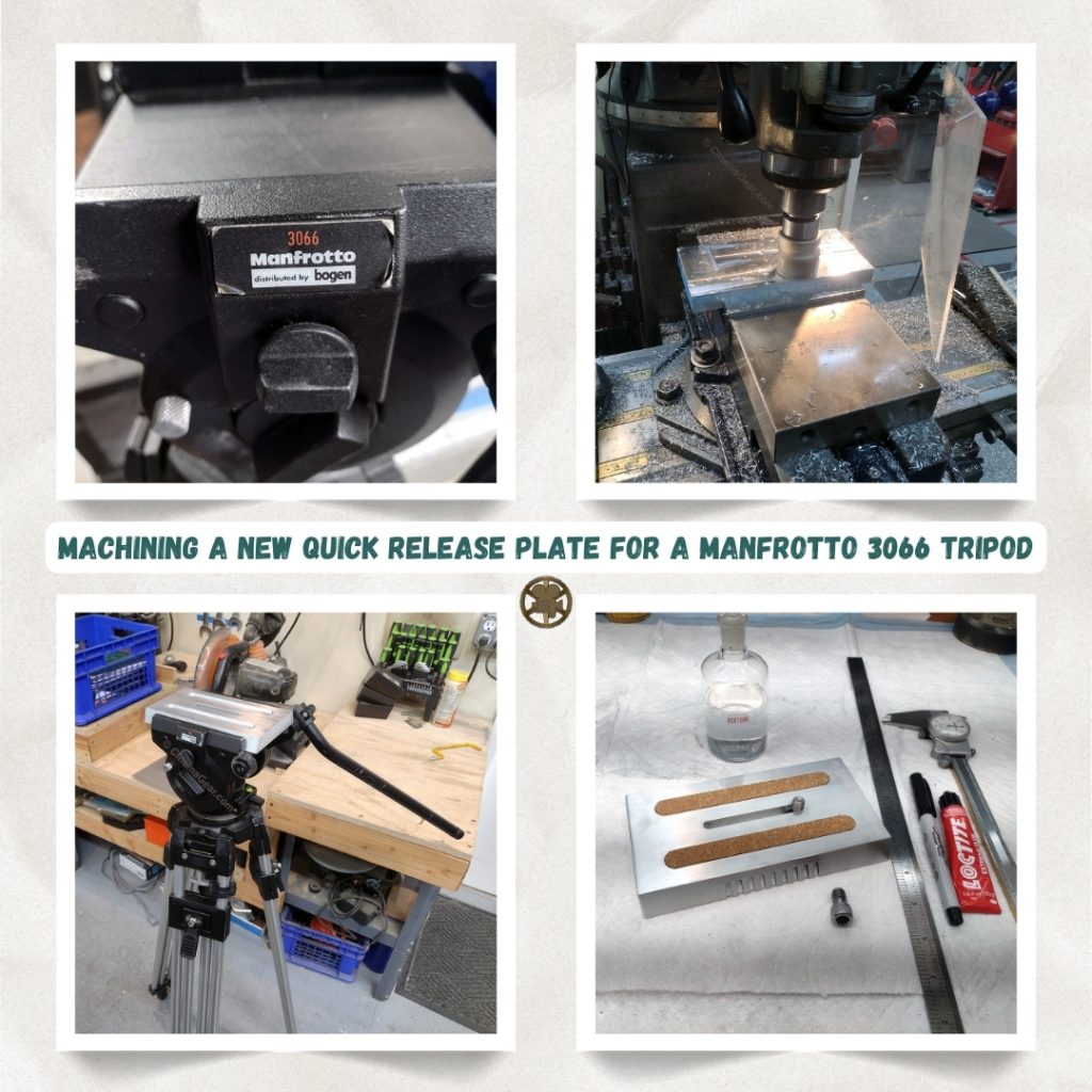 A grid of four images: top left shows the Manfrotto 3066 tripod missing its quick release top plate; top right shows the replacement quick release top plate being machined out of a block of aluminum; bottom left shows the Manfrotto tripod with the replacement quick release top plate installed on the tripod; bottom right shows the finished quick release top plate with ⅜-16 tie down screw and cork non-slip pads installed.