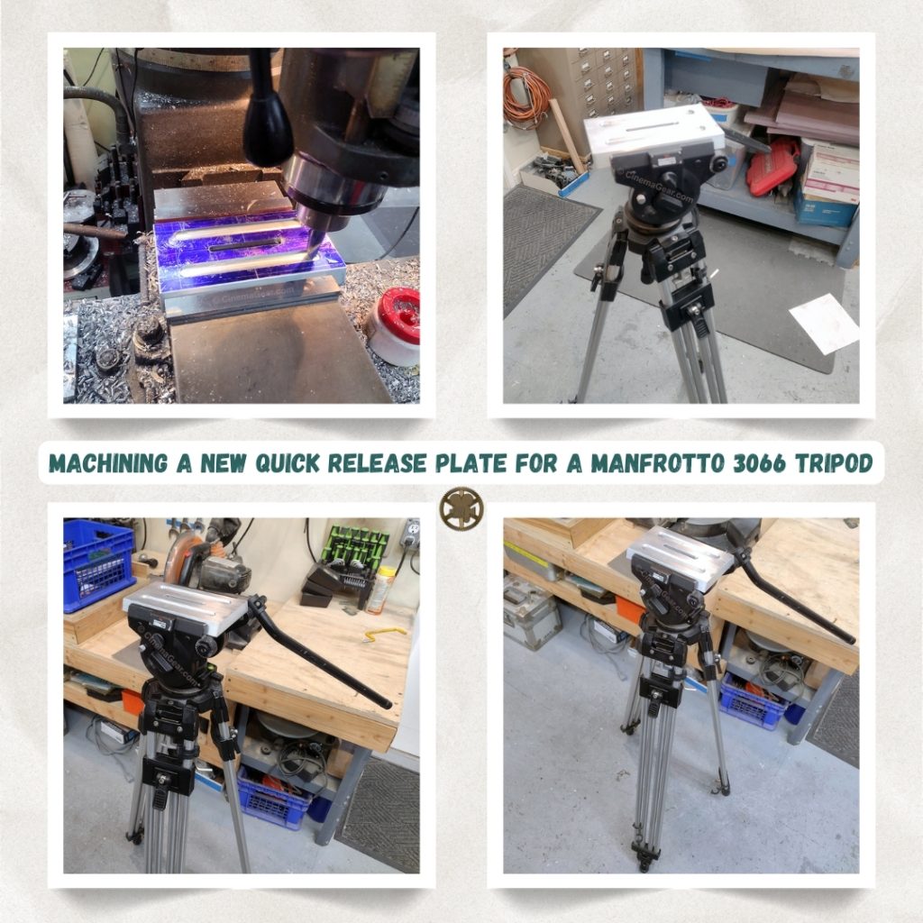 A grid of four images: top left shows pockets being machined into the top plate to hold non-slip cork pads; top right, bottom left, and bottom right show the Manfrotto tripod with the new quick release top plate installed.