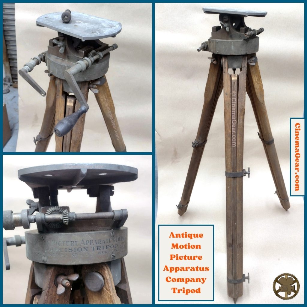 Three pictures of the Motion Picture Apparatus Company tripod before restoration, showing the full tripod and pan tilt head, the broken tripod crank, and the bent axle.