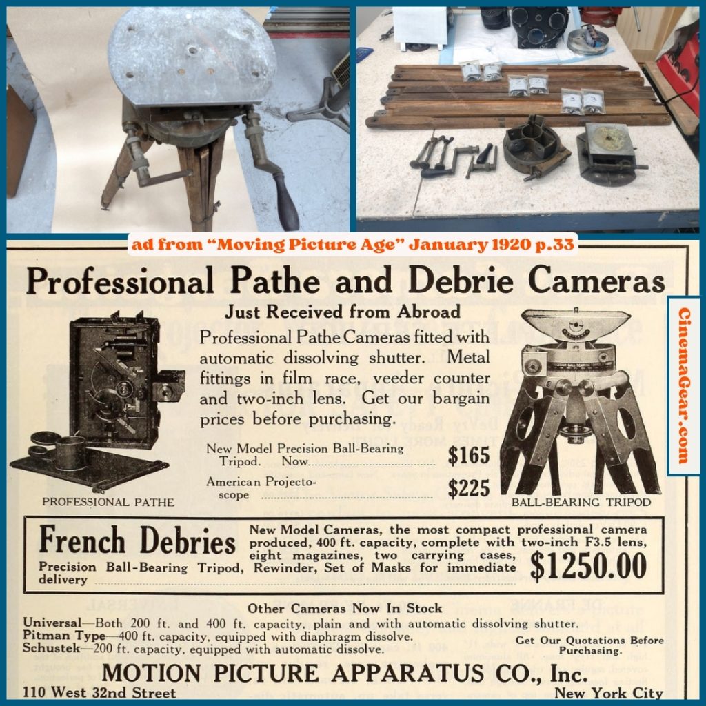 A picture of the top of the Motion Picture Apparatus Company tripod before restoration, and picture of the tripod disassembled, and an advertisement from the January 1920 issue of “Moving Picture Age” magazine for a Pathe camera and a Motion Picture Apparatus Company Precision Ball-Bearing Tripod.