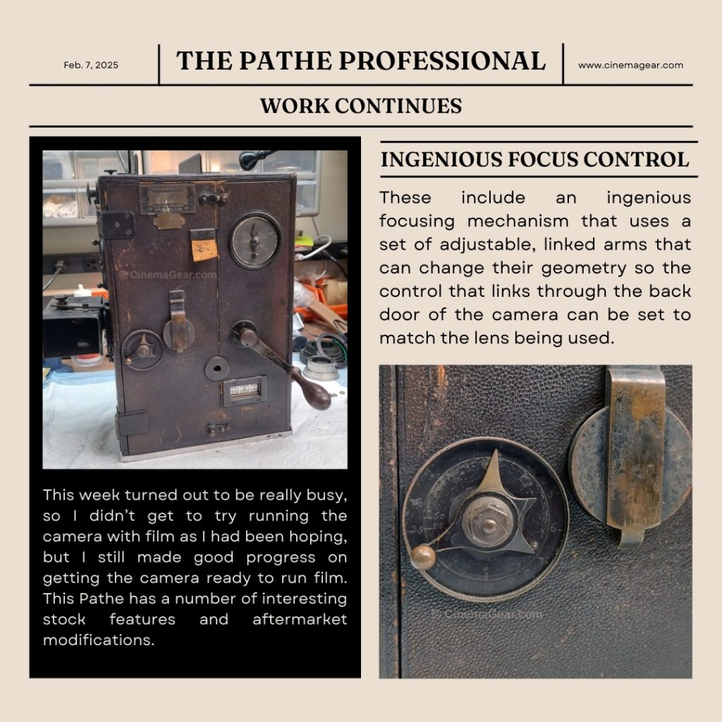 Work continues on the Pathe professional hand cranked camera. Image shows a full view of the crank side of the camera, and a close-up of the focus control knob.