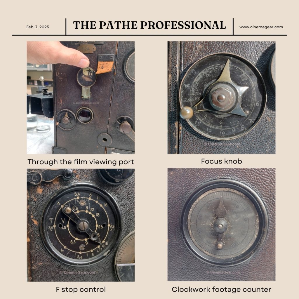 A grid of four pictures of controls on the Pathe Professional camera: (top left) through the film viewing port, (top right) focus knob, (bottom left) F stop control), and (bottom right) clockwork footage counter.