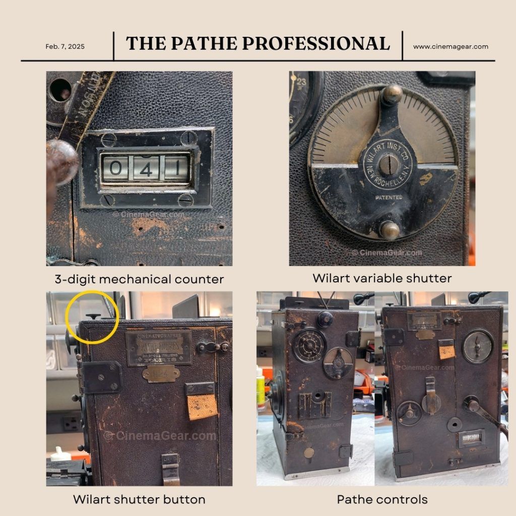 A grid of four pictures of controls on the Pathe Professional camera: (top left) 3-digit mechanical counter, (top right) Wilart variable shutter, (bottom left) Wilart shutter button, and (bottom right) Pathe controls on full camera.