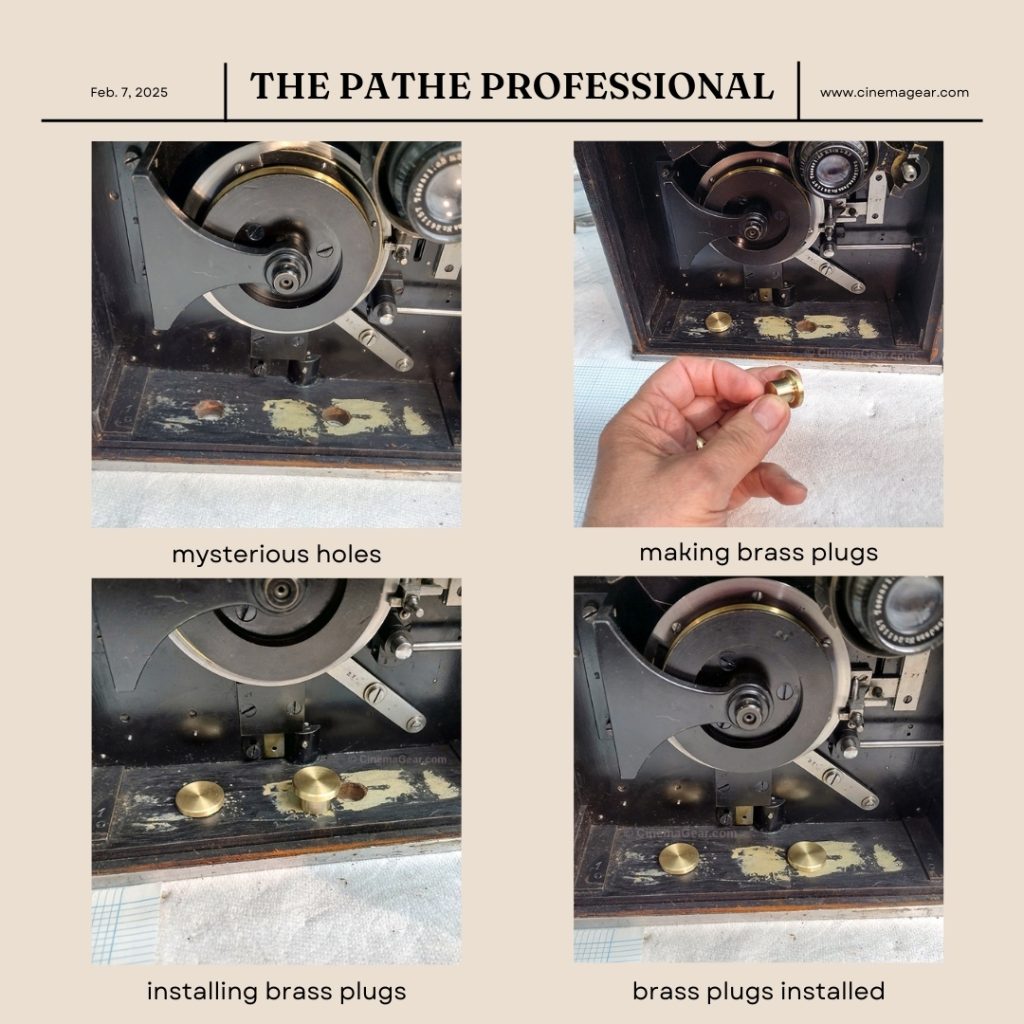 A grid of four pictures of controls on the Pathe Professional camera: (top left) mysterious holes, (top right) making brass plugs, (bottom left) installing brass plugs, and (bottom right) brass plugs installed.