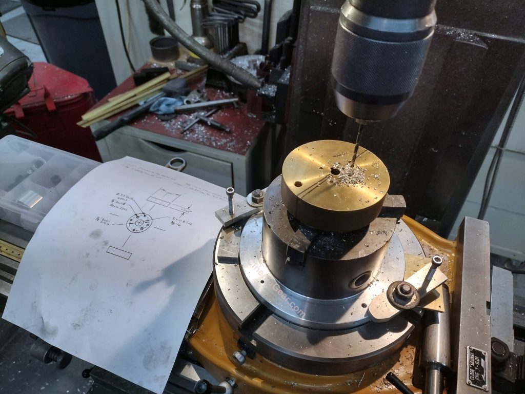 Machining holes into the flywheel of the Fries 3x65 IMAX-format 15-perf pull-across camera movement