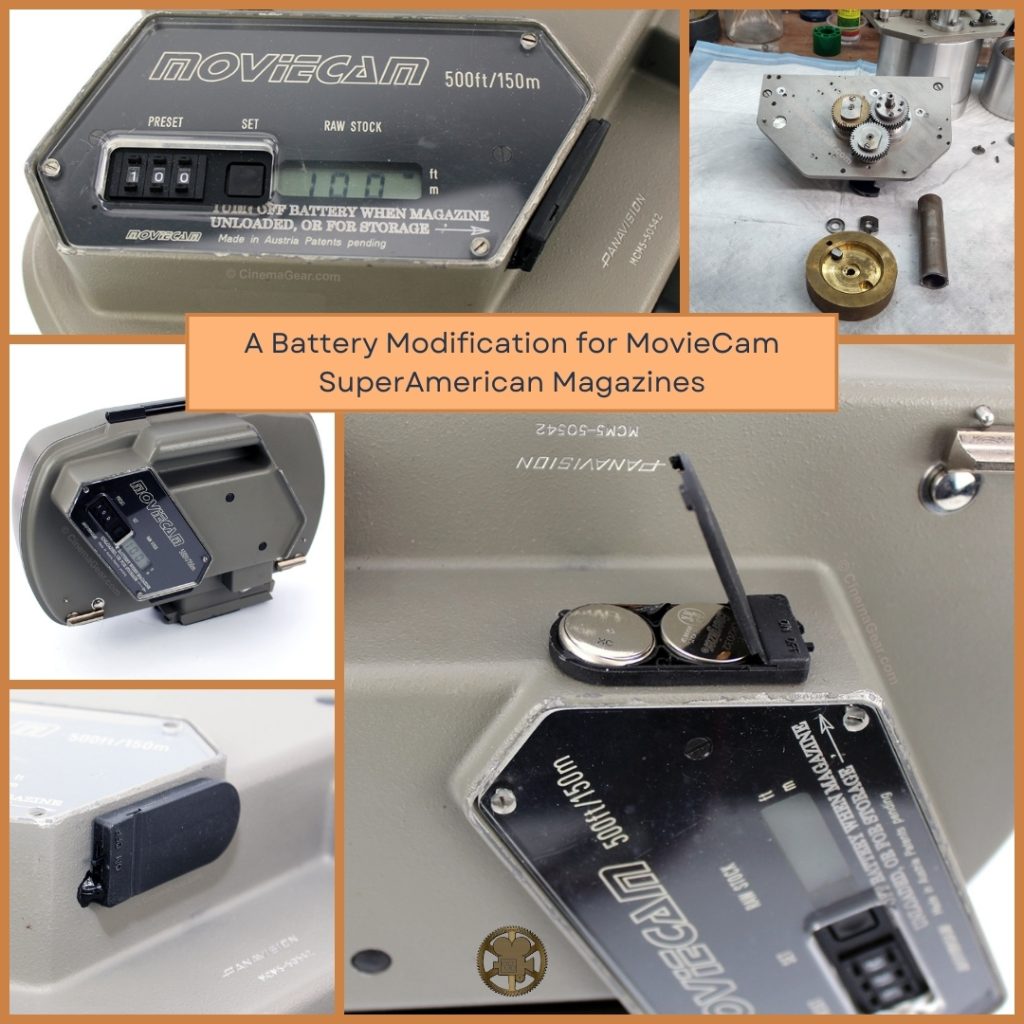 A grid of images of modified 500ft MovieCam SuperAmerica magazines, and one picture of a Fries 3x65 camera movement in the process of being worked on.