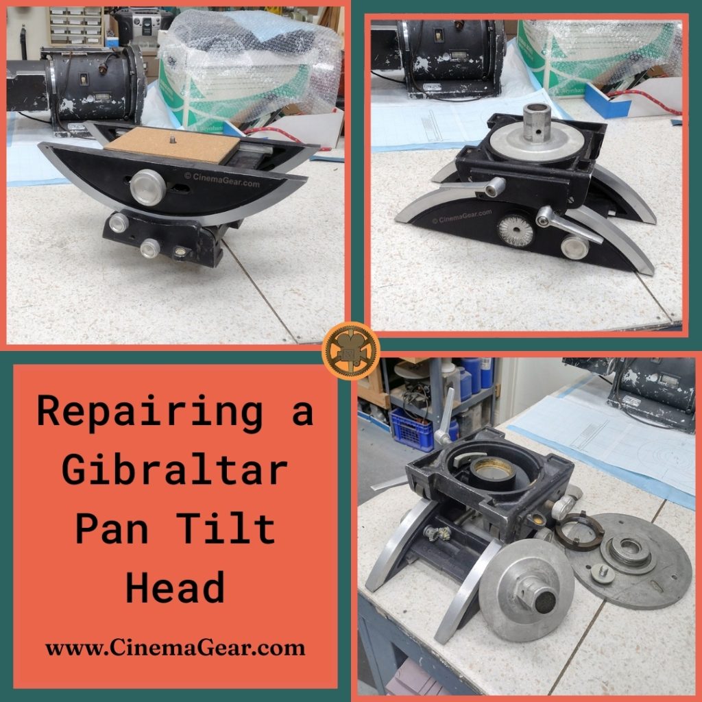 Three images of the Gibraltar pan tilt head before repair and modification work began, including the spare Worrall parts that will be used to allow it to be mounted to a Mitchell top tripod