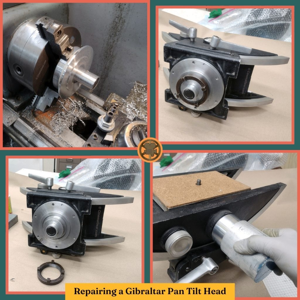 A grid of 4 images of the process of restoring the Gibraltar pan tilt head: top left - machining the Worrall baseplate; top right - installing the Worrall baseplate on the bottom of the Gibraltar pan tilt head; bottom left - installing the Worrall baseplate on the bottom of the Gibraltar pan tilt head with the castle nut in the foreground; bottom right - finding a piece of aluminum to make a replacement rosette to hold the pan handle
