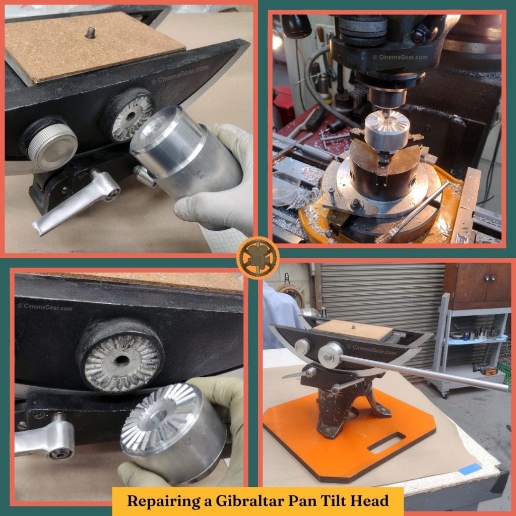 A grid of 4 images of the process of restoring the Gibraltar pan tilt head: top left - beginning the machining process for the replacement rosette; top right - machining the new rosette; bottom left - new rosette machined; bottom right - replacement rosette and pan handle installed