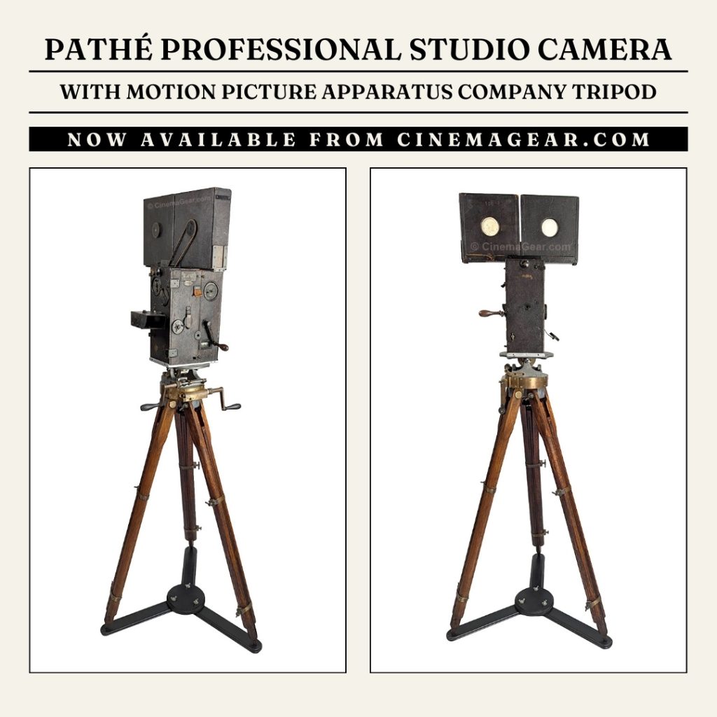 Two views of the Pathé Professional Studio camera and Motion Picture Apparatus Company tripod