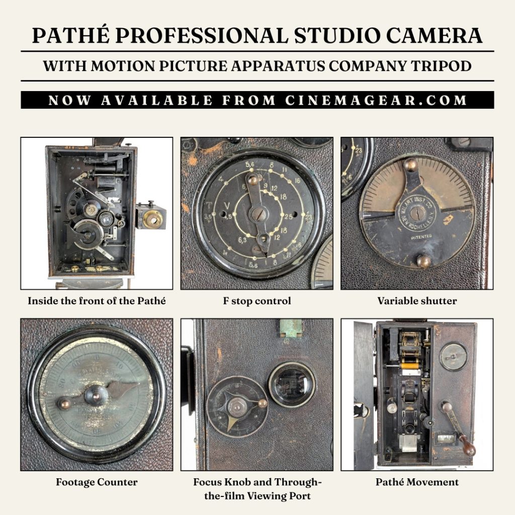 An overview of key features of the Pathé Professional Studio camera, including inside the front of the camera, the F stop control, the variable shutter, the footage counter, the focus knob and through-the-film view port, and the camera’s movement.