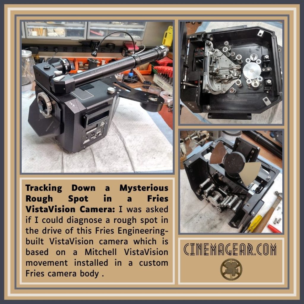 Three images of a Fries Engineering VistaVision camera, one of the camera as it was before any work was done; one of the inside of the camera showing the movement, and one of the shutter assembly.