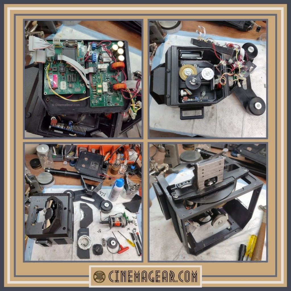 Four images of a Fries Engineering VistaVision, one of the electronics from inside the camera, one of the camera from the bottom during disassembly; one of the camera after disassembly, and one of the back of the shutter assembly.