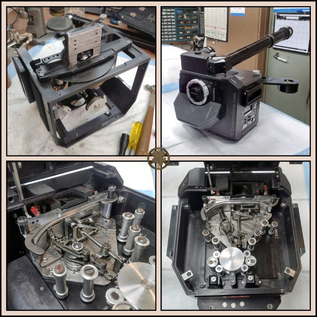 Four images of the Fries VistaVision camera: top left - the focal plane and mirrored shutter assembly; top right - the Fries VistaVision camera reassembled at a 3/4 angle; bottom left - a close-up on the movement of the Fries VistaVision camera; bottom right - a close-up of the inside of the Fries VistaVision camera.