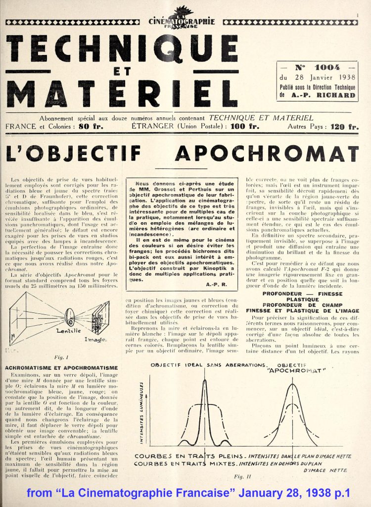 Article from the French journal "La Cinematographie Francaise" from January 28, 1938 that discusses the Kinoptik Apochromat lenses