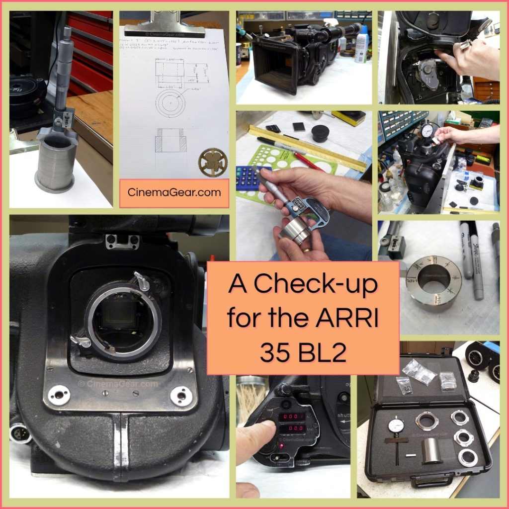 A gallery of images of an ARRI 35 BL2 camera as it is inspected and a new fixture to check the flange focal depth is designed and machined.
