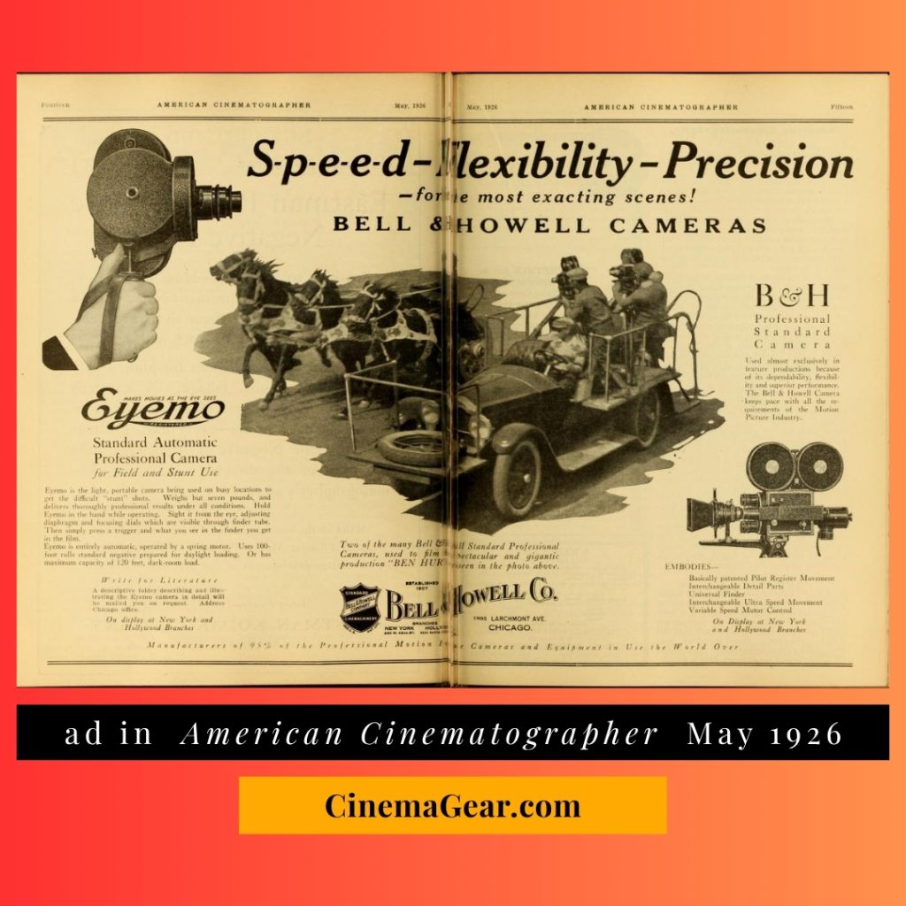 May 1926 ad from "American Cinematographer" for the new Bell & Howell Eyemo Standard Professional Portable Automatic Camera
